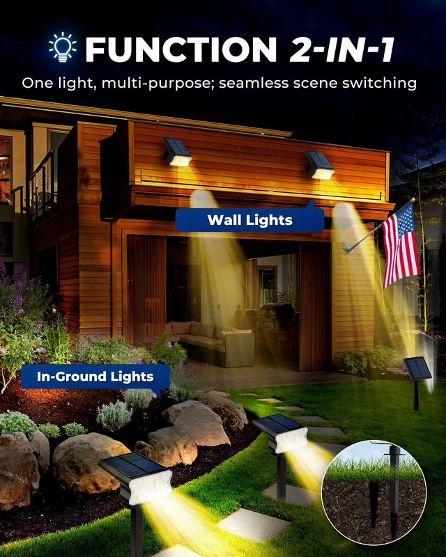 Alt view image 7 of 7 - Solar Lights Outdoor Waterproof IP67, 60 LED 3 Lighting Modes Solar Spot Lights Outdoor for Yard Garden Pathway Landscape, Auto On/Off, Function 2 in 1(Warm White, 4 Pack)
