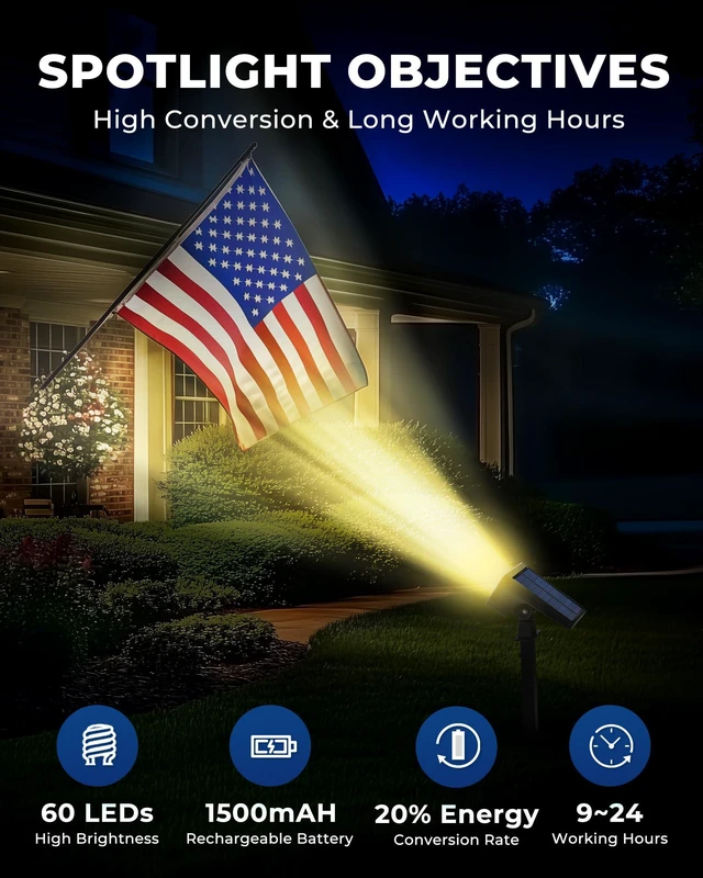 Alt view image 4 of 7 - Solar Lights Outdoor Waterproof IP67, 60 LED 3 Lighting Modes Solar Spot Lights Outdoor for Yard Garden Pathway Landscape, Auto On/Off, Function 2 in 1(Warm White, 4 Pack)