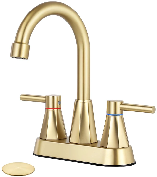 Main image of 4" Bathroom Sink Faucet, 2-Handle Brush Gold, Pop-Up Drain Included 360° swivel spout, ceramic cartridge, 20% water-saving aerator, RV ready