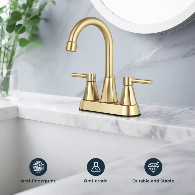 Alt view image 2 of 7 - 4" Bathroom Sink Faucet, 2-Handle Brush Gold, Pop-Up Drain Included 360° swivel spout, ceramic cartridge, 20% water-saving aerator, RV ready