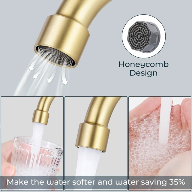 Alt view image 4 of 7 - 4" Bathroom Sink Faucet, 2-Handle Brush Gold, Pop-Up Drain Included 360° swivel spout, ceramic cartridge, 20% water-saving aerator, RV ready