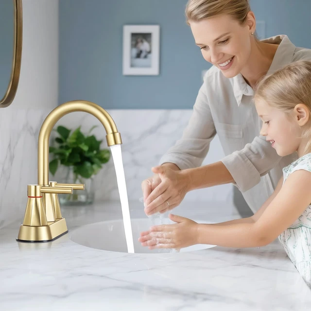 Alt view image 3 of 7 - 4" Bathroom Sink Faucet, 2-Handle Brush Gold, Pop-Up Drain Included 360° swivel spout, ceramic cartridge, 20% water-saving aerator, RV ready