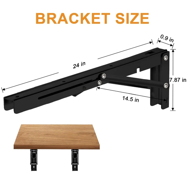 Alt view image 7 of 7 - Folding Shelf Brackets - Heavy Duty Metal Collapsible Shelf Bracket for Bench Table, Shelf Hinge Wall Mounted Space Saving DIY Bracket, Max Load: 150 lb (24 Inch, Black)