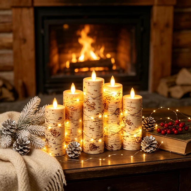 Alt view image 2 of 7 - 5 Pack Birch Bark Real Wax Flameless Taper Candles, Lifelike Flickering LED Candles with Copper String Lights, Battery Operated Candles with Remote for Farmhouse Wedding Home Decor