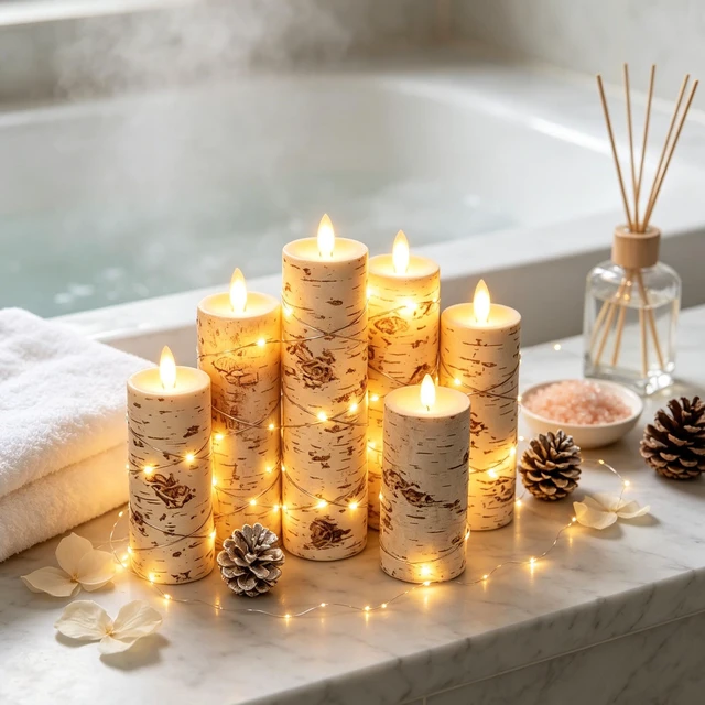 Alt view image 3 of 7 - 5 Pack Birch Bark Real Wax Flameless Taper Candles, Lifelike Flickering LED Candles with Copper String Lights, Battery Operated Candles with Remote for Farmhouse Wedding Home Decor
