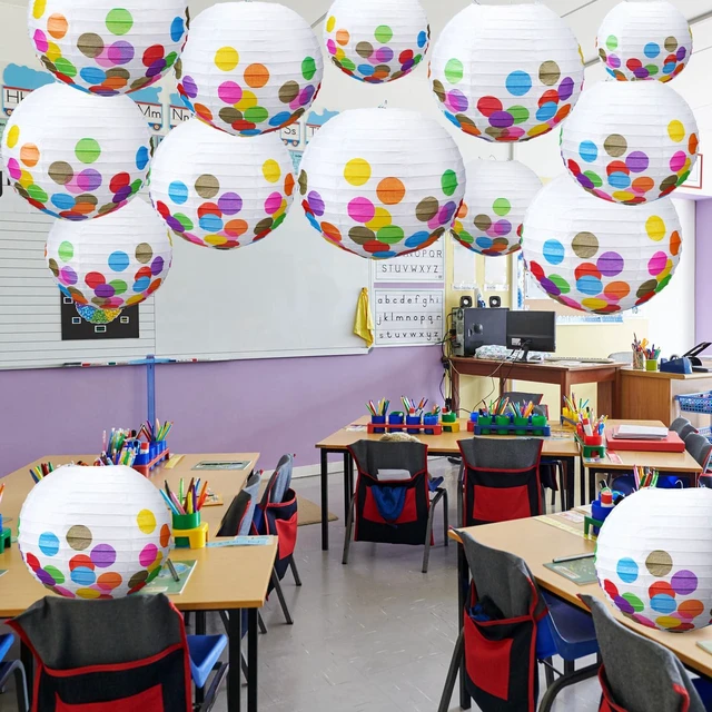 Alt view image 6 of 7 - 12 Pcs Pastel Paper Lanterns 10" Dots Classic Color Hanging Lanterns for Classroom Birthday Wedding Ceiling, Back to School Party, Assorted Pastel Colors Set, Round Paper Decor