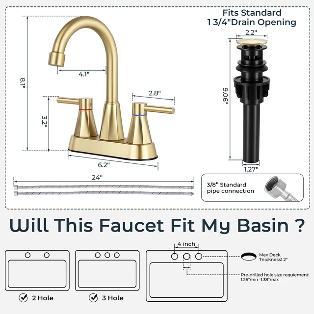 Alt view image 7 of 7 - 4" Bathroom Sink Faucet, 2-Handle Brush Gold, Pop-Up Drain Included 360° swivel spout, ceramic cartridge, 20% water-saving aerator, RV ready