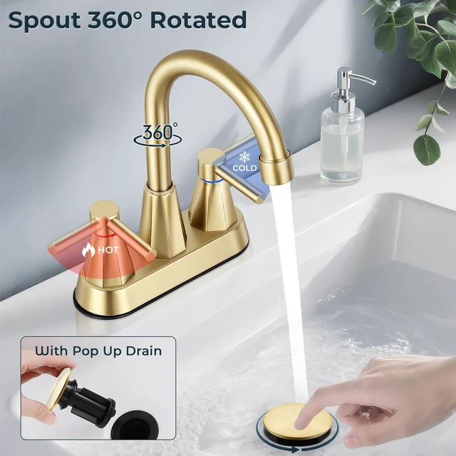 Alt view image 5 of 7 - 4" Bathroom Sink Faucet, 2-Handle Brush Gold, Pop-Up Drain Included 360° swivel spout, ceramic cartridge, 20% water-saving aerator, RV ready