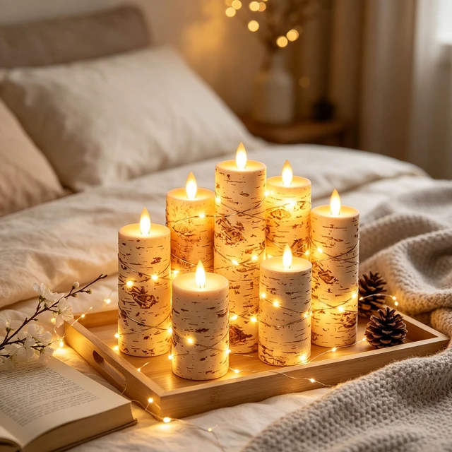 Alt view image 4 of 7 - 5 Pack Birch Bark Real Wax Flameless Taper Candles, Lifelike Flickering LED Candles with Copper String Lights, Battery Operated Candles with Remote for Farmhouse Wedding Home Decor