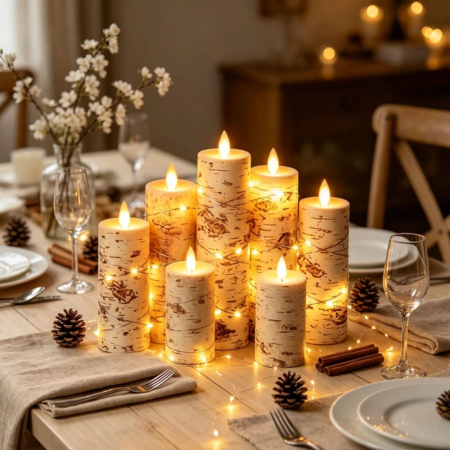 Alt view image 5 of 7 - 5 Pack Birch Bark Real Wax Flameless Taper Candles, Lifelike Flickering LED Candles with Copper String Lights, Battery Operated Candles with Remote for Farmhouse Wedding Home Decor
