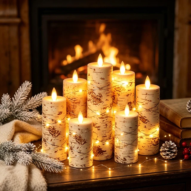 Alt view image 6 of 7 - 5 Pack Birch Bark Real Wax Flameless Taper Candles, Lifelike Flickering LED Candles with Copper String Lights, Battery Operated Candles with Remote for Farmhouse Wedding Home Decor