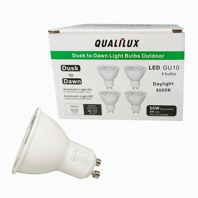 Main image of Dusk to Dawn Light Bulbs, Auto On/Off Light Sensing LED Bulbs Outdoor,Daylight, MR16 GU10 4-Pack, 6W 500LM 50W Equivalent, HQ-H045