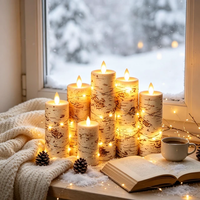 Alt view image 7 of 7 - 5 Pack Birch Bark Real Wax Flameless Taper Candles, Lifelike Flickering LED Candles with Copper String Lights, Battery Operated Candles with Remote for Farmhouse Wedding Home Decor