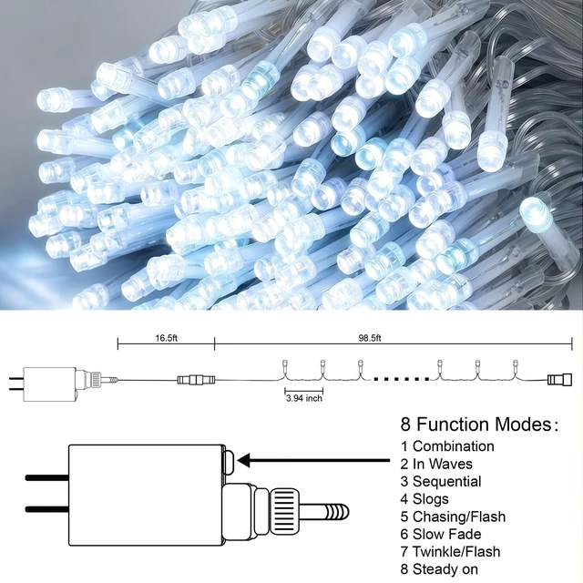 Alt view image 4 of 7 - 300 LED String Lights Outdoor Indoor, Extra Long 98.5FT Super Bright Christmas Lights, 8 Lighting Modes, Plug in Waterproof Fairy Lights for Holiday Wedding Party Bedroom Decorations (White)