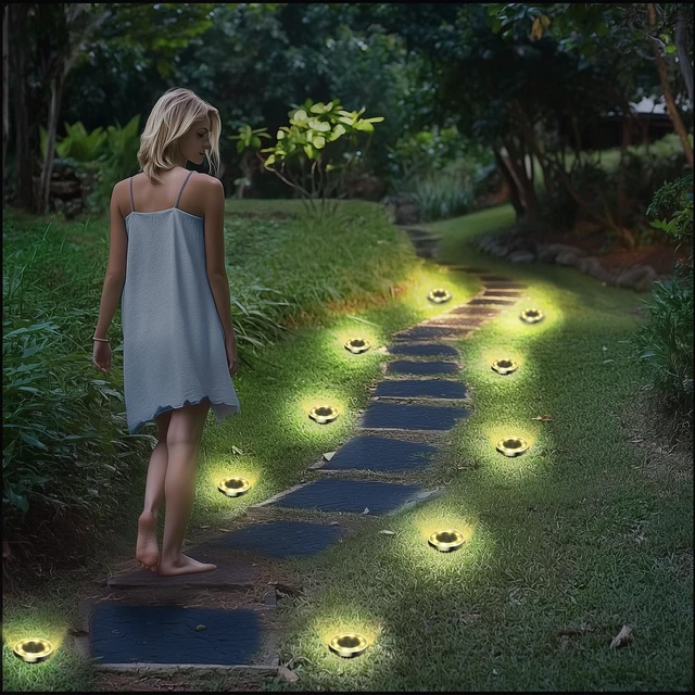 Alt view image 4 of 7 - 16Pack Solar Ground Lights Outdoor, 8 LED, IP65 Waterproof, Warm White 600mAh Ni-MH battery, 8-10h runtime, stainless steel, ABS and PP body, solar garden lights for pathways, lawns and driveways