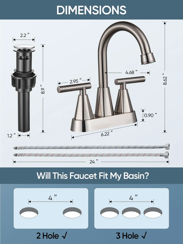 Alt view image 5 of 7 - Brushed Nickel Bathroom Faucets, Centerset Bathroom Sink Faucet 4 Inch with Pop Up Drain and Supply Hoses, 2 Handle Stainless Steel Faucet for Vanity, RV, Farmhouse, 2 or 3 Hole
