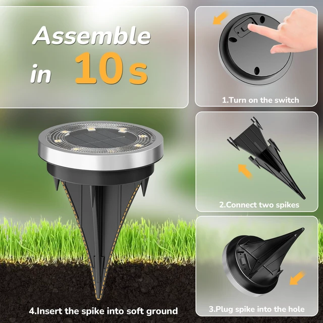 Alt view image 7 of 7 - 16Pack Solar Ground Lights Outdoor, 8 LED, IP65 Waterproof, Warm White 600mAh Ni-MH battery, 8-10h runtime, stainless steel, ABS and PP body, solar garden lights for pathways, lawns and driveways