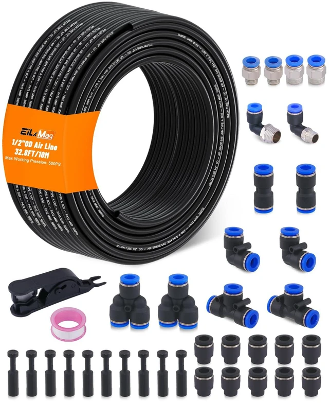 Main image of 1/2" Air Line Tubing Kit, 32.8FT SAE J844 PA Nylon Air Hose Tubing with Cutter and Teflon Tape, 1/2" Air Hose with Push to Connect Fittings for Air Brake System Or Fluid Transfer(37PCS)