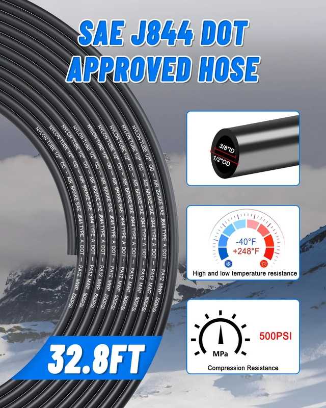 Alt view image 4 of 7 - 1/2" Air Line Tubing Kit, 32.8FT SAE J844 PA Nylon Air Hose Tubing with Cutter and Teflon Tape, 1/2" Air Hose with Push to Connect Fittings for Air Brake System Or Fluid Transfer(37PCS)