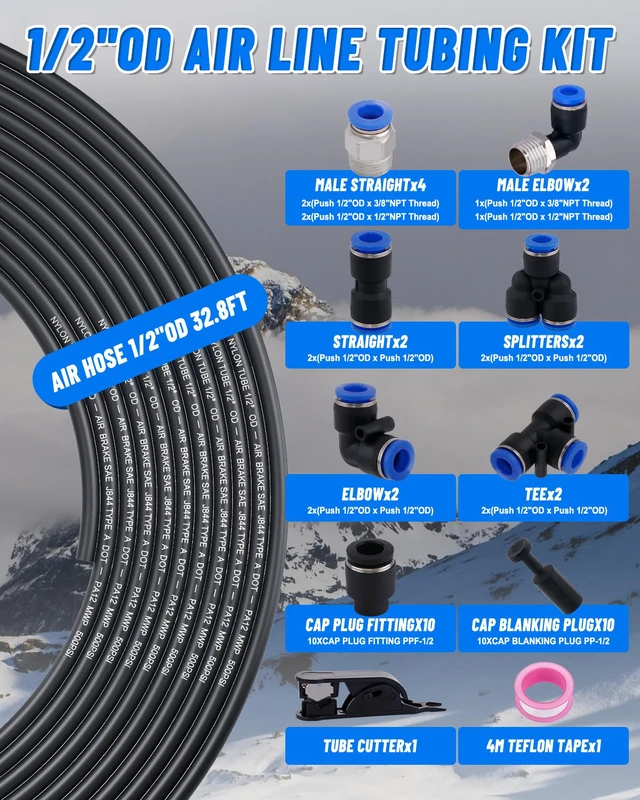 Alt view image 2 of 7 - 1/2" Air Line Tubing Kit, 32.8FT SAE J844 PA Nylon Air Hose Tubing with Cutter and Teflon Tape, 1/2" Air Hose with Push to Connect Fittings for Air Brake System Or Fluid Transfer(37PCS)