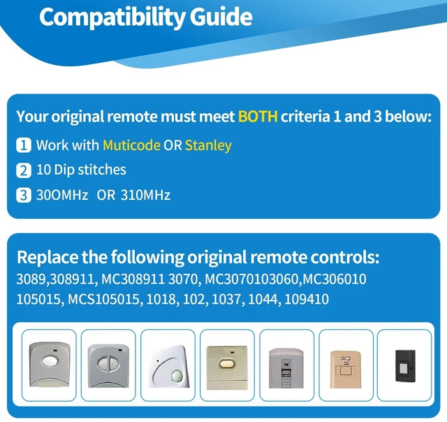 Alt view image 4 of 5 - 3 for 10 Dip Switch Multicode & Stanley Gate Opener Remote 300MHz & 310MHz Compatible with 10 Digit Multicode Gate Opener,for Multi code Garage Door Opener Remote 3089 1050,Gate Remote Control Clicker