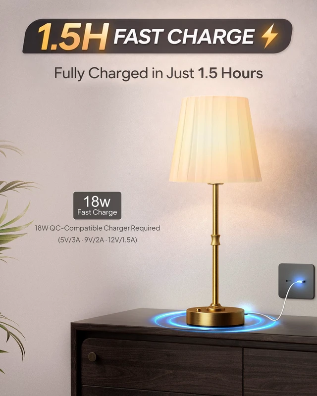 Alt view image 4 of 7 - Cordless Table Lamp Rechargeable: Fast Charging & Long Lasting - 2700K Warm Light Small Vintage Gold Lamps -Bedside Dinning Living Room Bedroom - Pleated Shade