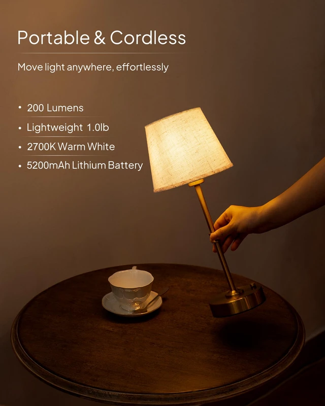Alt view image 4 of 7 - Cordless Table Lamp Rechargeable: Fast Charging & Long Lasting - 2700K Warm Light Small Vintage Gold Side Table Lamps - Dinning Living Room Bedroom - Linen Shade