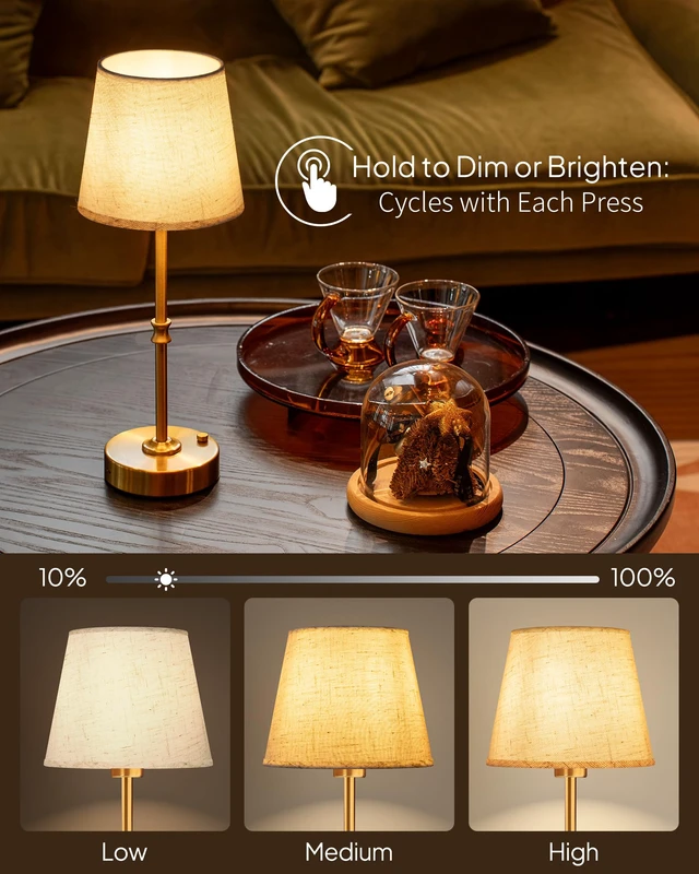 Alt view image 5 of 7 - Cordless Table Lamp Rechargeable: Fast Charging & Long Lasting - 2700K Warm Light Small Vintage Gold Side Table Lamps - Dinning Living Room Bedroom - Linen Shade