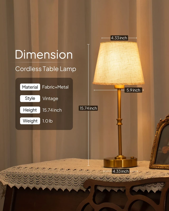 Alt view image 7 of 7 - Cordless Table Lamp Rechargeable: Fast Charging & Long Lasting - 2700K Warm Light Small Vintage Gold Side Table Lamps - Dinning Living Room Bedroom - Linen Shade