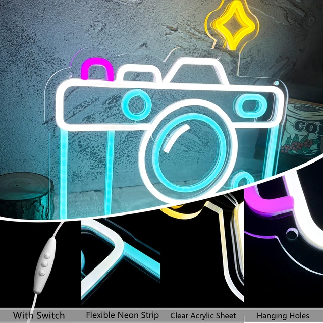 Alt view image 2 of 6 - Camera Neon Sign Dimmable LED Light Up Wall Decor Multi-Color Retro Photography Studio Art Vintage Vlogger Background Accessory for Bedroom, Gaming Room, Store Photographer Gifts(13.3 * 12.2in)