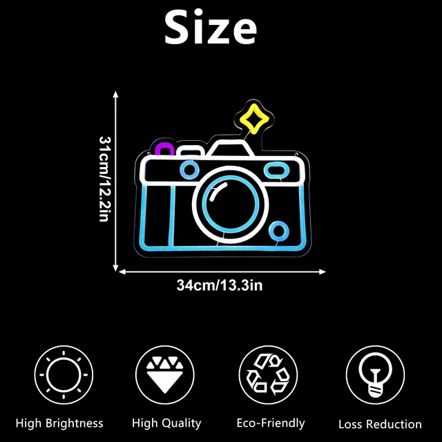 Alt view image 6 of 6 - Camera Neon Sign Dimmable LED Light Up Wall Decor Multi-Color Retro Photography Studio Art Vintage Vlogger Background Accessory for Bedroom, Gaming Room, Store Photographer Gifts(13.3 * 12.2in)
