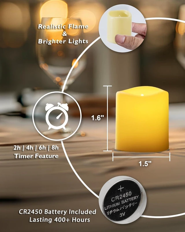 Alt view image 6 of 6 - 24 Pack Flameless LED Votive Tealight Candles with Timer Remote 2/4/6/8h timer remote included, 400hr CR2450 battery, warm white flicker glow, flicker/steady mode, for Hard to Reach Spots
