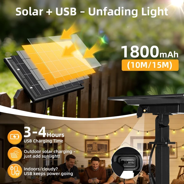 Alt view image 3 of 7 - Solar Lights Outdoor Waterproof: G40 15M 50FT Shatterproof Bulbs Patio Lights - Solar Powered 3 Light Modes Solar Light - Camping Backyard Garden Deck Outside Yard