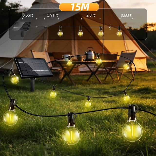 Alt view image 6 of 7 - Solar Lights Outdoor Waterproof: G40 15M 50FT Shatterproof Bulbs Patio Lights - Solar Powered 3 Light Modes Solar Light - Camping Backyard Garden Deck Outside Yard