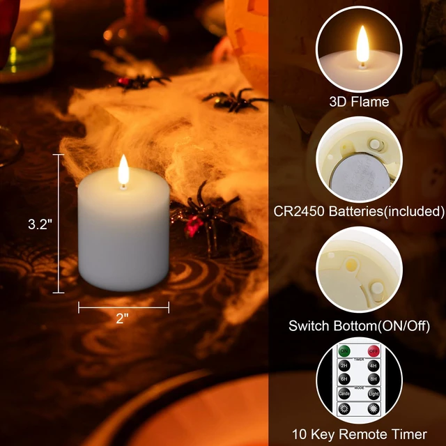Alt view image 6 of 6 - Wax Votive Flameless Candles Battery Operated Remote Timer White Battery Include, Pillar LED Fake candles,Realistic 3D Flame, Christmas Wedding Party Holiday Home Decor, 2 x 3.2 In, 6 Pack