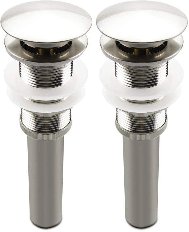 Main image of Bathroom Sink Pop Up Drain Assembly Without Overflow Fits 1.57 to 2.36 Inch Sink Openings with 1-1/4 Inch Tailpiece Large Cap Solid Brass Drain Stopper (Brushed Nickel) (Pack of 2)