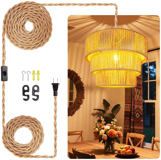 Main image of Rattan Pendant Light Hanging Lamps - 16.4ft Plug in Cord Hanging Light Fixture Plug Into Wall Outlet Pendant Lighting with On Off Switch for Bedroom Living (3-Tier Rattan Lamp Shade)