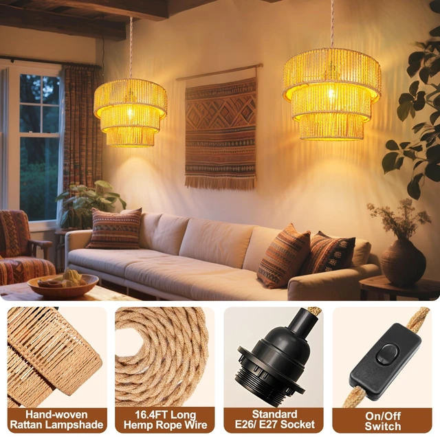 Alt view image 2 of 7 - Rattan Pendant Light Hanging Lamps - 16.4ft Plug in Cord Hanging Light Fixture Plug Into Wall Outlet Pendant Lighting with On Off Switch for Bedroom Living (3-Tier Rattan Lamp Shade)