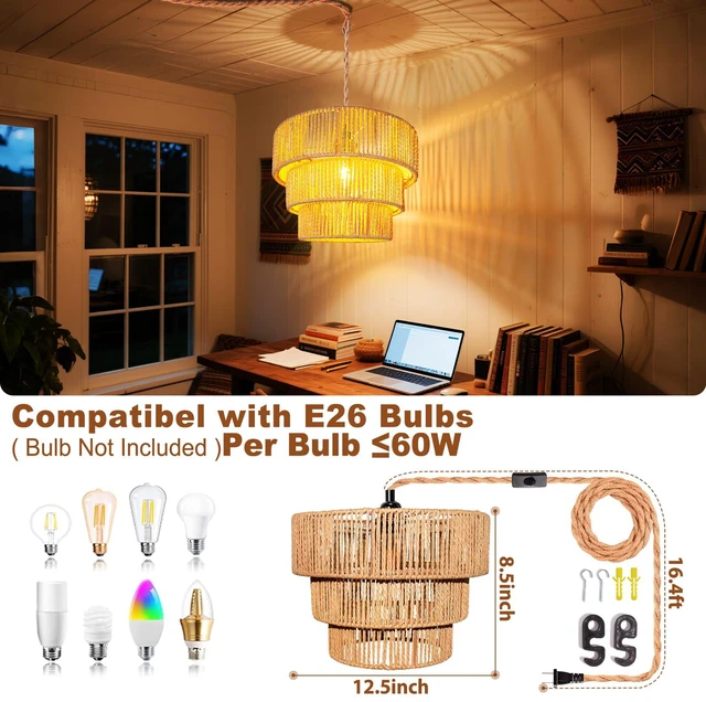 Alt view image 5 of 7 - Rattan Pendant Light Hanging Lamps - 16.4ft Plug in Cord Hanging Light Fixture Plug Into Wall Outlet Pendant Lighting with On Off Switch for Bedroom Living (3-Tier Rattan Lamp Shade)