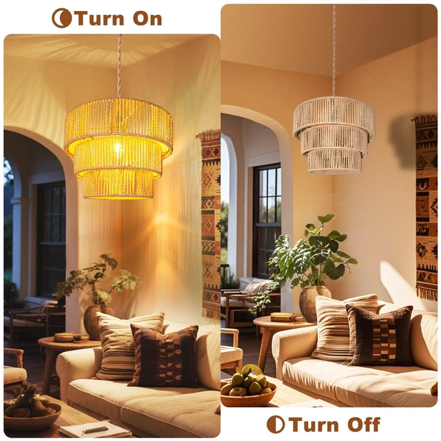 Alt view image 6 of 7 - Rattan Pendant Light Hanging Lamps - 16.4ft Plug in Cord Hanging Light Fixture Plug Into Wall Outlet Pendant Lighting with On Off Switch for Bedroom Living (3-Tier Rattan Lamp Shade)