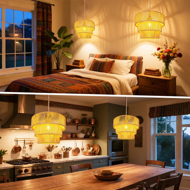 Alt view image 7 of 7 - Rattan Pendant Light Hanging Lamps - 16.4ft Plug in Cord Hanging Light Fixture Plug Into Wall Outlet Pendant Lighting with On Off Switch for Bedroom Living (3-Tier Rattan Lamp Shade)