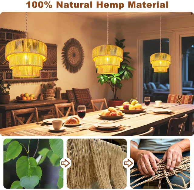 Alt view image 3 of 7 - Rattan Pendant Light Hanging Lamps - 16.4ft Plug in Cord Hanging Light Fixture Plug Into Wall Outlet Pendant Lighting with On Off Switch for Bedroom Living (3-Tier Rattan Lamp Shade)
