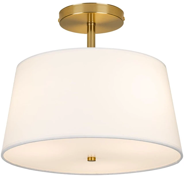Main image of Modern Cone-Shaped Semi Flush Mount Ceiling Light Fixture, 3-Light Drum Lamp with Gold Brass Finish and White Fabric Shade for Bedroom, Kitchen, Dining Room, Hallway, Entryway, and Foyer