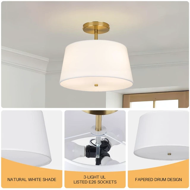Alt view image 2 of 7 - Modern Cone-Shaped Semi Flush Mount Ceiling Light Fixture, 3-Light Drum Lamp with Gold Brass Finish and White Fabric Shade for Bedroom, Kitchen, Dining Room, Hallway, Entryway, and Foyer