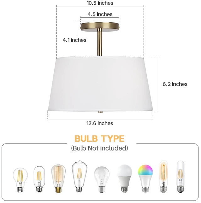 Alt view image 3 of 7 - Modern Cone-Shaped Semi Flush Mount Ceiling Light Fixture, 3-Light Drum Lamp with Gold Brass Finish and White Fabric Shade for Bedroom, Kitchen, Dining Room, Hallway, Entryway, and Foyer