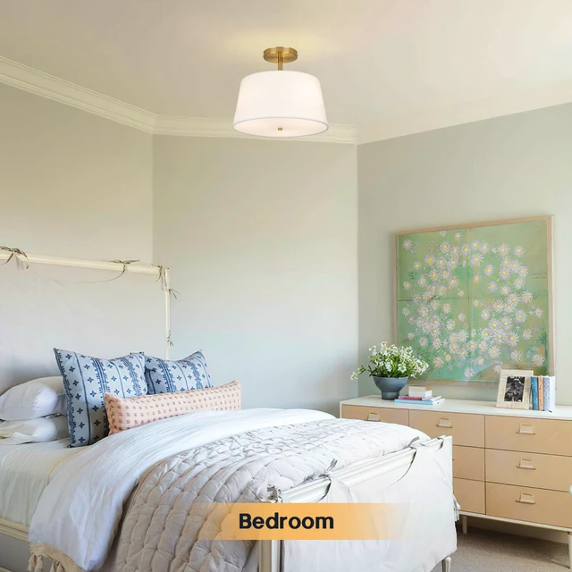 Alt view image 5 of 7 - Modern Cone-Shaped Semi Flush Mount Ceiling Light Fixture, 3-Light Drum Lamp with Gold Brass Finish and White Fabric Shade for Bedroom, Kitchen, Dining Room, Hallway, Entryway, and Foyer