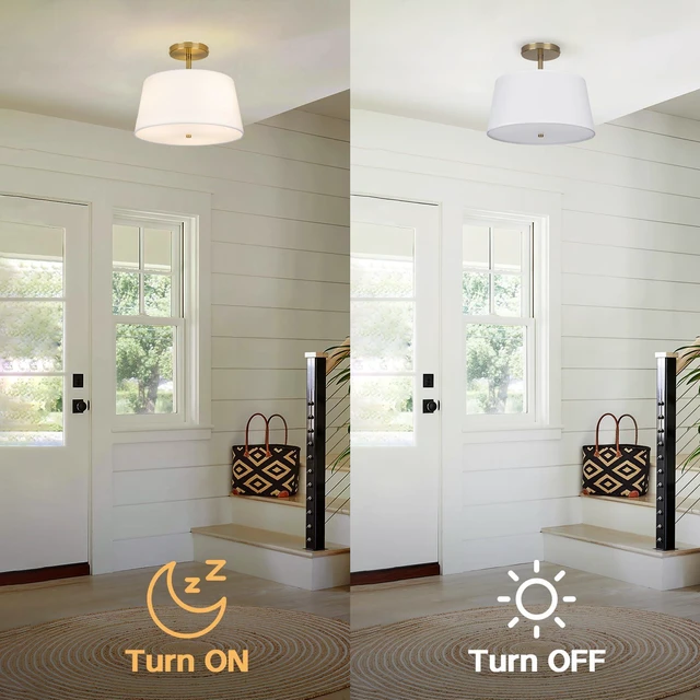 Alt view image 4 of 7 - Modern Cone-Shaped Semi Flush Mount Ceiling Light Fixture, 3-Light Drum Lamp with Gold Brass Finish and White Fabric Shade for Bedroom, Kitchen, Dining Room, Hallway, Entryway, and Foyer