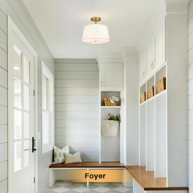 Alt view image 6 of 7 - Modern Cone-Shaped Semi Flush Mount Ceiling Light Fixture, 3-Light Drum Lamp with Gold Brass Finish and White Fabric Shade for Bedroom, Kitchen, Dining Room, Hallway, Entryway, and Foyer
