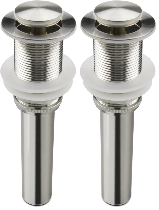 Main image of Bathroom Sink Pop Up Drain Assembly Without Overflow Fits 1.57 to 2.36 Inch Sink Openings with 1-1/4 Inch Tailpiece Small Cap Solid Brass Drain Stopper (Brushed Nickel) (Pack of 2)