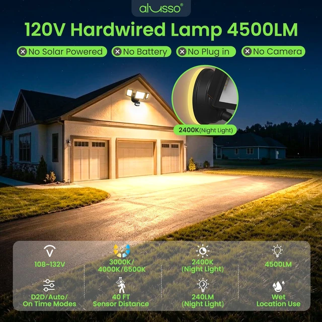 Alt view image 3 of 7 - Motion Sensor Outdoor Lights, 40W 4500LM Flood Lights Outdoor 120V Night Light 2400K/3000K/4000K/6500K 3 Modes (Dusk to Dawn/Auto/On Time), Waterproof Hardwired Security Light ETL Listed, 1PC